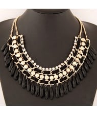 Rhinestone and Waterdrop Beads Weaving Fashion Costume Necklace - Black
