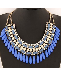 Rhinestone and Waterdrop Beads Weaving Fashion Costume Necklace - Blue