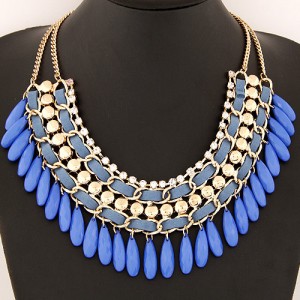 Rhinestone and Waterdrop Beads Weaving Fashion Costume Necklace - Blue