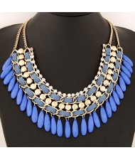 Rhinestone and Waterdrop Beads Weaving Fashion Costume Necklace - Blue