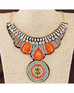 Mini Beads and Gems Decorated Round Flower Pendant Bohemian Style Statement Fashion Necklace