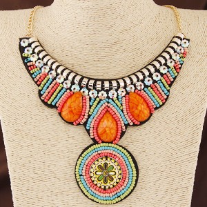 Mini Beads and Gems Decorated Round Flower Pendant Bohemian Style Statement Fashion Necklace