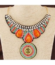 Mini Beads and Gems Decorated Round Flower Pendant Bohemian Style Statement Fashion Necklace