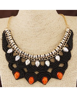 Black Mini Beads with Gems Embellished Fake Collar Statement Fashion Necklace - Black