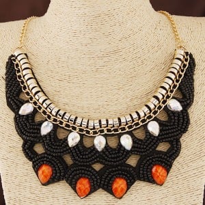 Black Mini Beads with Gems Embellished Fake Collar Statement Fashion Necklace - Black