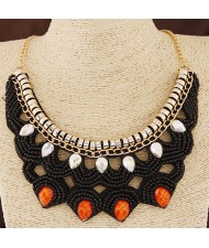 Black Mini Beads with Gems Embellished Fake Collar Statement Fashion Necklace - Black