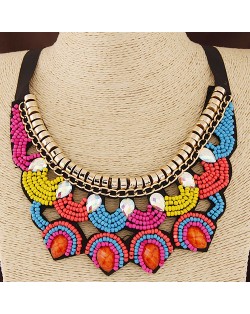 Colorful Mini Beads with Gems Inlaid Design Ribbon Statement Fashion Necklace
