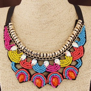 Colorful Mini Beads with Gems Inlaid Design Ribbon Statement Fashion Necklace