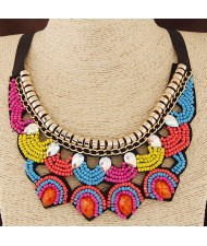 Colorful Mini Beads with Gems Inlaid Design Ribbon Statement Fashion Necklace
