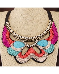 Gems Decorated Mini Beads Hollow Butterfly Design Fake Collar Ribbon Statement Fashion Necklace