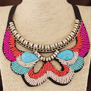 Gems Decorated Mini Beads Hollow Butterfly Design Fake Collar Ribbon Statement Fashion Necklace
