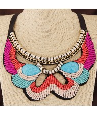 Gems Decorated Mini Beads Hollow Butterfly Design Fake Collar Ribbon Statement Fashion Necklace