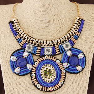 Ethnic Flower Fashion Bohemian Mini Beads Statement Fashion Necklace - Blue