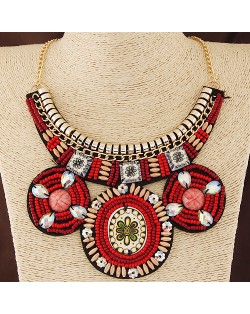 Ethnic Flower Fashion Bohemian Mini Beads Statement Fashion Necklace - Red