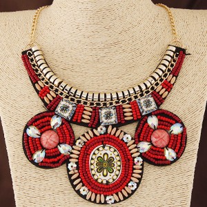 Ethnic Flower Fashion Bohemian Mini Beads Statement Fashion Necklace - Red
