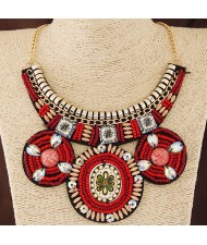 Ethnic Flower Fashion Bohemian Mini Beads Statement Fashion Necklace - Red