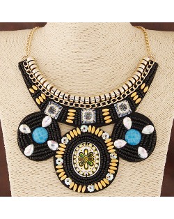 Ethnic Flower Fashion Bohemian Mini Beads Statement Fashion Necklace - Black