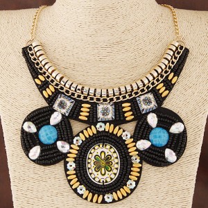 Ethnic Flower Fashion Bohemian Mini Beads Statement Fashion Necklace - Black