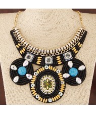 Ethnic Flower Fashion Bohemian Mini Beads Statement Fashion Necklace - Black