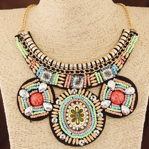 Ethnic Flower Fashion Bohemian Mini Beads Statement Fashion Necklace - Green