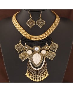Vintage Ethnic Pendant Design Bold Golden Snake Chain Statement Fashion Necklace and Earrings Set - White