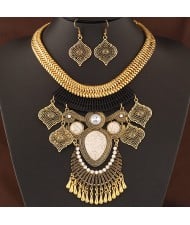 Vintage Ethnic Pendant Design Bold Golden Snake Chain Statement Fashion Necklace and Earrings Set - White