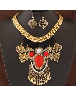 Vintage Ethnic Pendant Design Bold Golden Snake Chain Statement Fashion Necklace and Earrings Set - Red