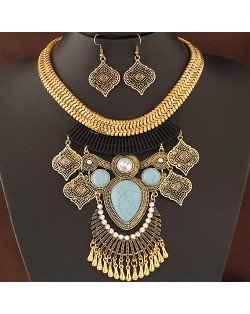 Vintage Ethnic Pendant Design Bold Golden Snake Chain Statement Fashion Necklace and Earrings Set - Blue
