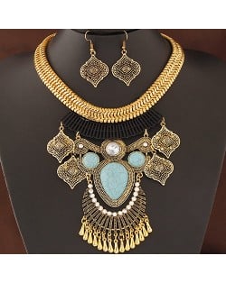 Vintage Ethnic Pendant Design Bold Golden Snake Chain Statement Fashion Necklace and Earrings Set - Blue