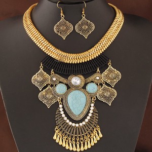 Vintage Ethnic Pendant Design Bold Golden Snake Chain Statement Fashion Necklace and Earrings Set - Blue
