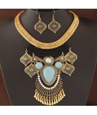 Vintage Ethnic Pendant Design Bold Golden Snake Chain Statement Fashion Necklace and Earrings Set - Blue
