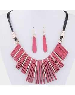 Simple Vertical Bars Statement Fashion Rope Necklace and Waterdrop Earrings Set - Rose