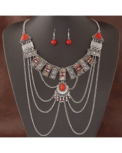 Folk Style Geometric Combo Design with Tassel Fashion Necklace and Earrings Set - Silver