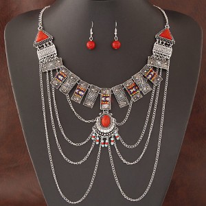 Folk Style Geometric Combo Design with Tassel Fashion Necklace and Earrings Set - Silver
