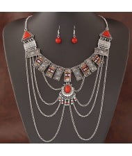 Folk Style Geometric Combo Design with Tassel Fashion Necklace and Earrings Set - Silver