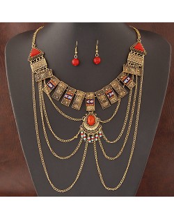 Folk Style Geometric Combo Design with Tassel Fashion Necklace and Earrings Set - Copper