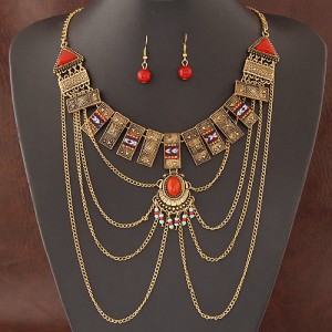 Folk Style Geometric Combo Design with Tassel Fashion Necklace and Earrings Set - Copper