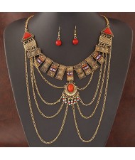 Folk Style Geometric Combo Design with Tassel Fashion Necklace and Earrings Set - Copper