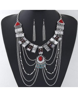 Gems Embellished Geometric Combo Design Tassel Costume Necklace and Earrings Set - Silver