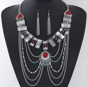 Gems Embellished Geometric Combo Design Tassel Costume Necklace and Earrings Set - Silver
