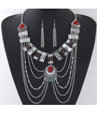 Gems Embellished Geometric Combo Design Tassel Costume Necklace and Earrings Set - Silver