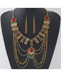 Gems Embellished Geometric Combo Design Tassel Costume Necklace and Earrings Set - Copper