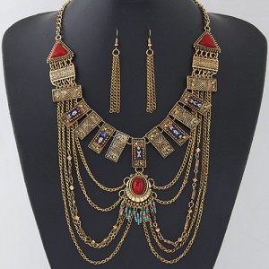 Gems Embellished Geometric Combo Design Tassel Costume Necklace and Earrings Set - Copper