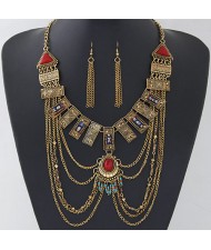 Gems Embellished Geometric Combo Design Tassel Costume Necklace and Earrings Set - Copper