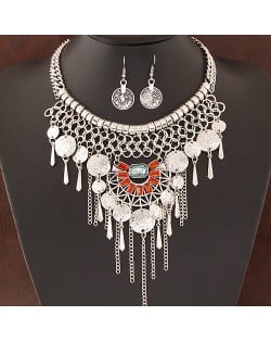 Exotic Style Gems Embellished Metallic Round Plates Tassel Design Fashion Necklace and Earrings Set - Silver