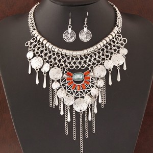 Exotic Style Gems Embellished Metallic Round Plates Tassel Design Fashion Necklace and Earrings Set - Silver