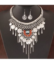 Exotic Style Gems Embellished Metallic Round Plates Tassel Design Fashion Necklace and Earrings Set - Silver