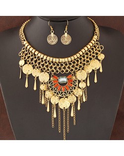 Exotic Style Gems Embellished Metallic Round Plates Tassel Design Fashion Necklace and Earrings Set - Copper