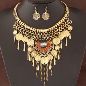 Exotic Style Gems Embellished Metallic Round Plates Tassel Design Fashion Necklace and Earrings Set - Copper