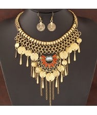 Exotic Style Gems Embellished Metallic Round Plates Tassel Design Fashion Necklace and Earrings Set - Copper